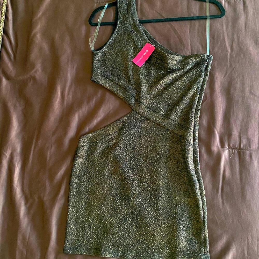 Sparkly copper dress with half shoulder!